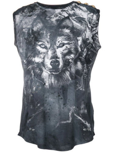 BALMAIN Runaway Women's Wolf print distressed T-shirt Top F 36 UK 4 US 6 XS LADIES