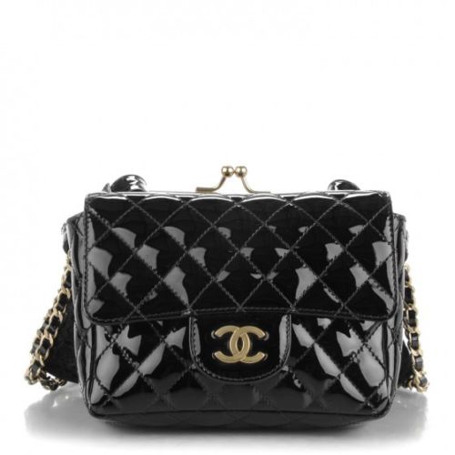 Chanel Limited Edition Patent Lace Mini Kiss Lock Flap Double Bag Black Handbag Ladies