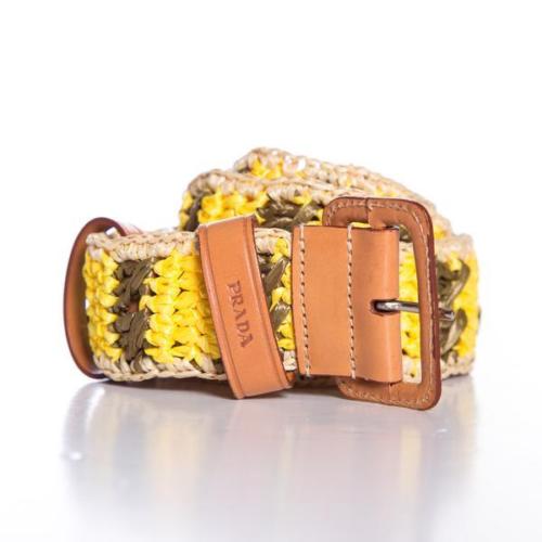 Prada Yellow & Green Woven Raffia Waist Belt 34 / 85 Amazing for Summer Ladies