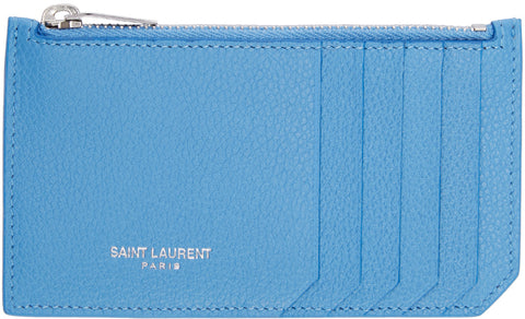 Saint Laurent YSL Women's Blue Leather Zippered Fragments Card Holder Ladies