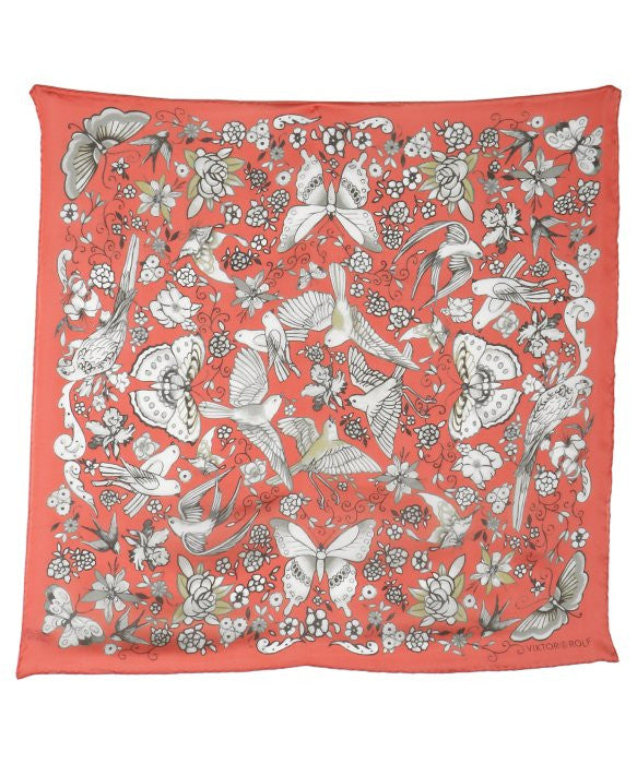 Viktor & Rolf Coral Silk Chiffon 'Butterfly & Birds' Scarf 27" x 27 "  LADIES