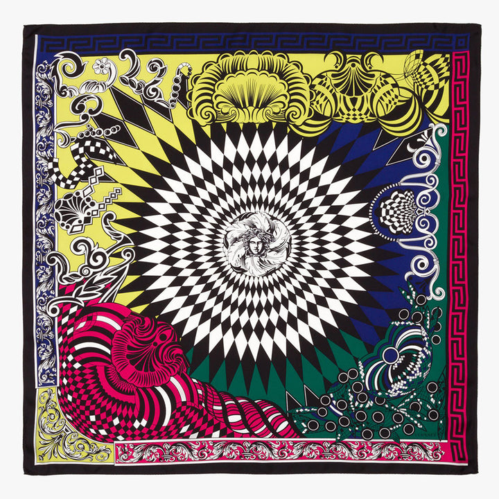 VERSACE $456.00 Silk Circle Design White/ Black/ Multicolor Scarf 35" x 35"  LADIES