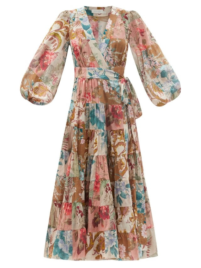 ZIMMERMANN Patchwork Cassia Midi Wrap Dress Size 1 S small